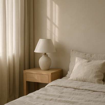 Soft daylight across linen and wood in a calm Scandinavian interior