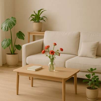 Minimal living room with wood, plants, and neutral tones