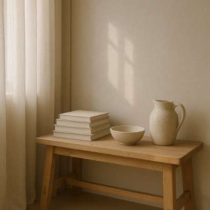 Quiet corner with books, ceramics, and natural light