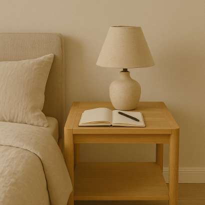 Calm bedside scene with journal and lamp