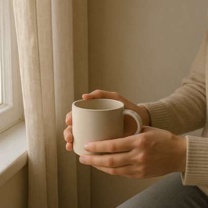 Hands holding a warm mug by a window