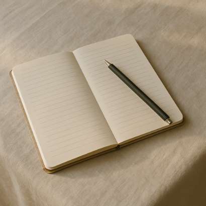 Notebook and pen on linen tablecloth